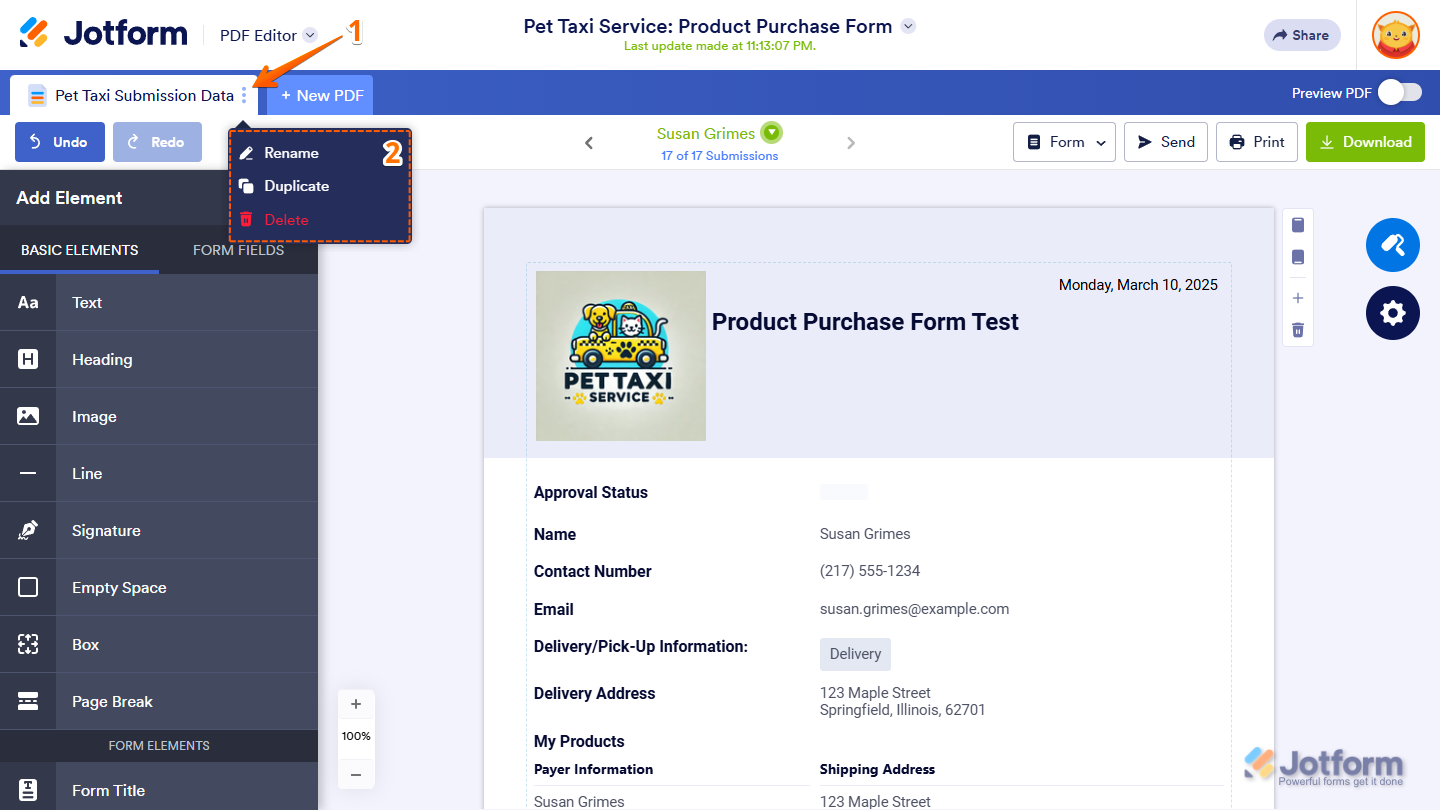 Options in the PDF Document menu in Jotform PDF Editor
