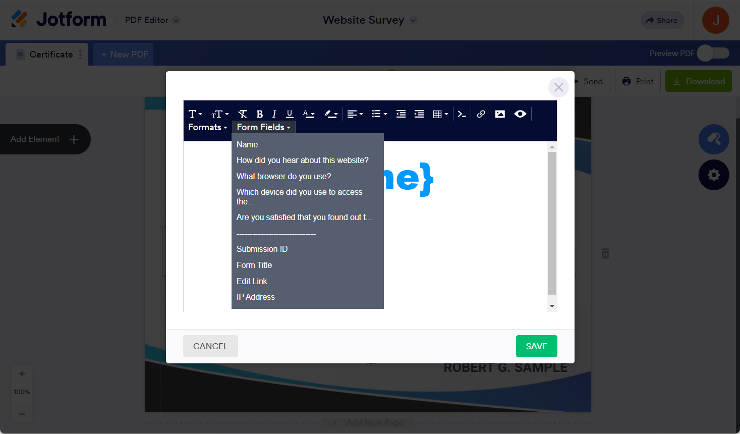 Text Field editor in the Jotform PDF Editor