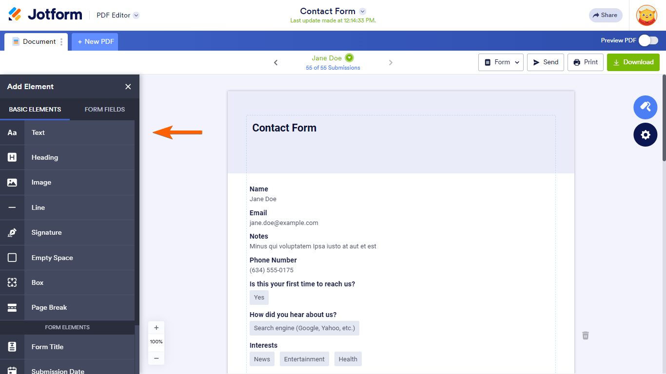 Pasos para añadir elementos en el Editor PDF de Jotform