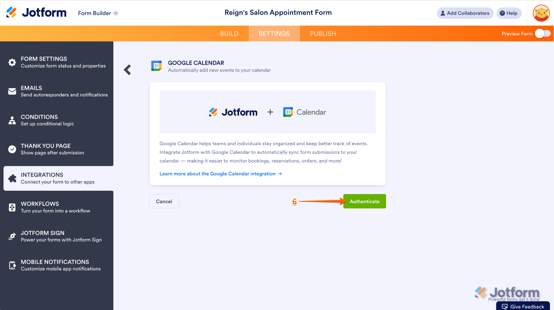 Jotform Google Calendar integration setup showing the 'Authenticate' button highlighted, indicating the step to authorize and connect your Google account