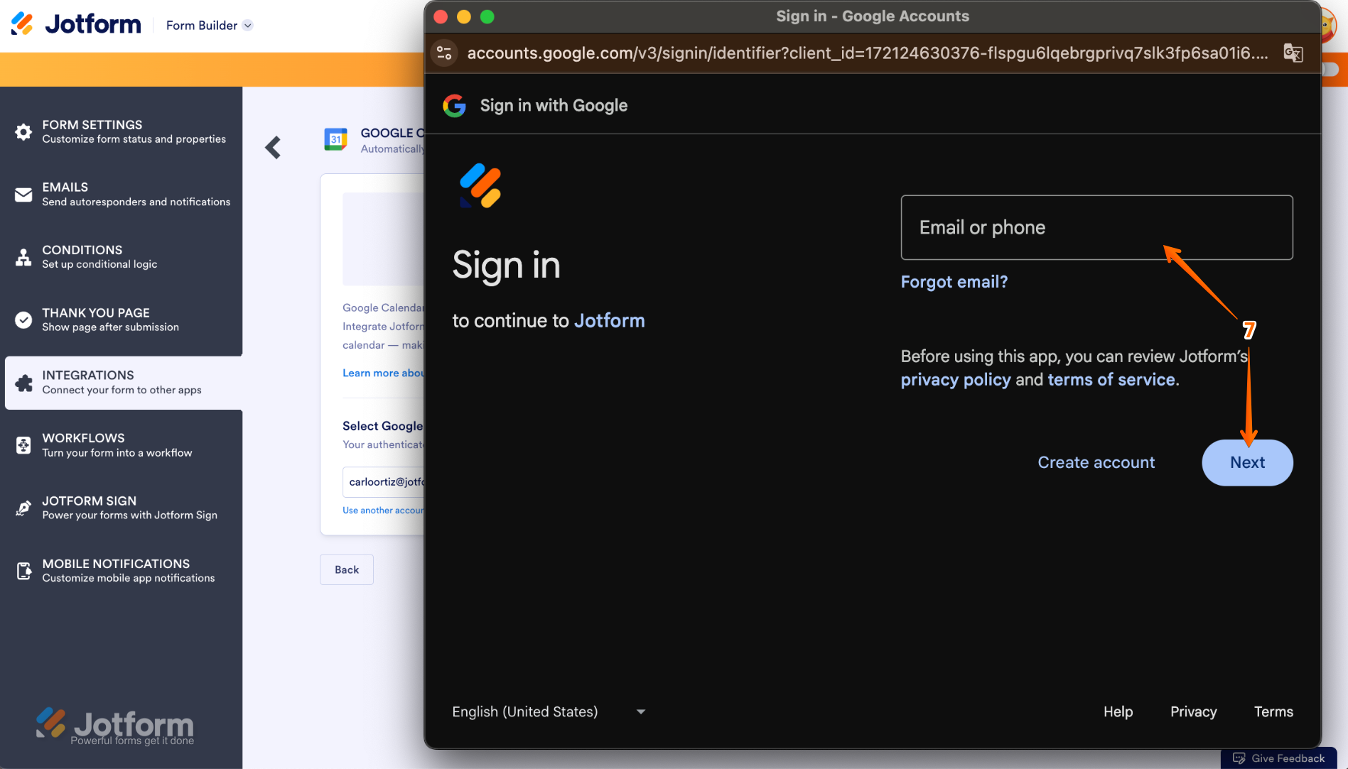 Google sign-in popup window prompting the user to enter their Google account email address, with the 'Next' button highlighted to proceed with authentication for Jotform integration