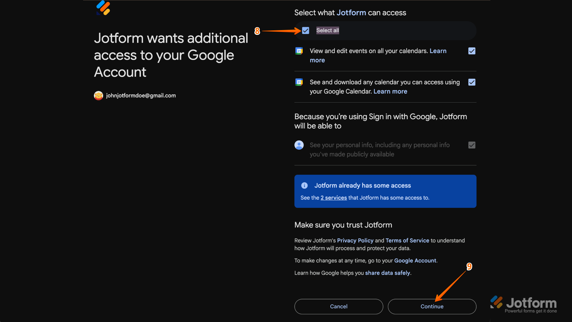 Google account permissions screen with the 'Select All' checkbox ticked and the 'Continue' button highlighted, authorizing Jotform to access and sync with the Google Calendar account