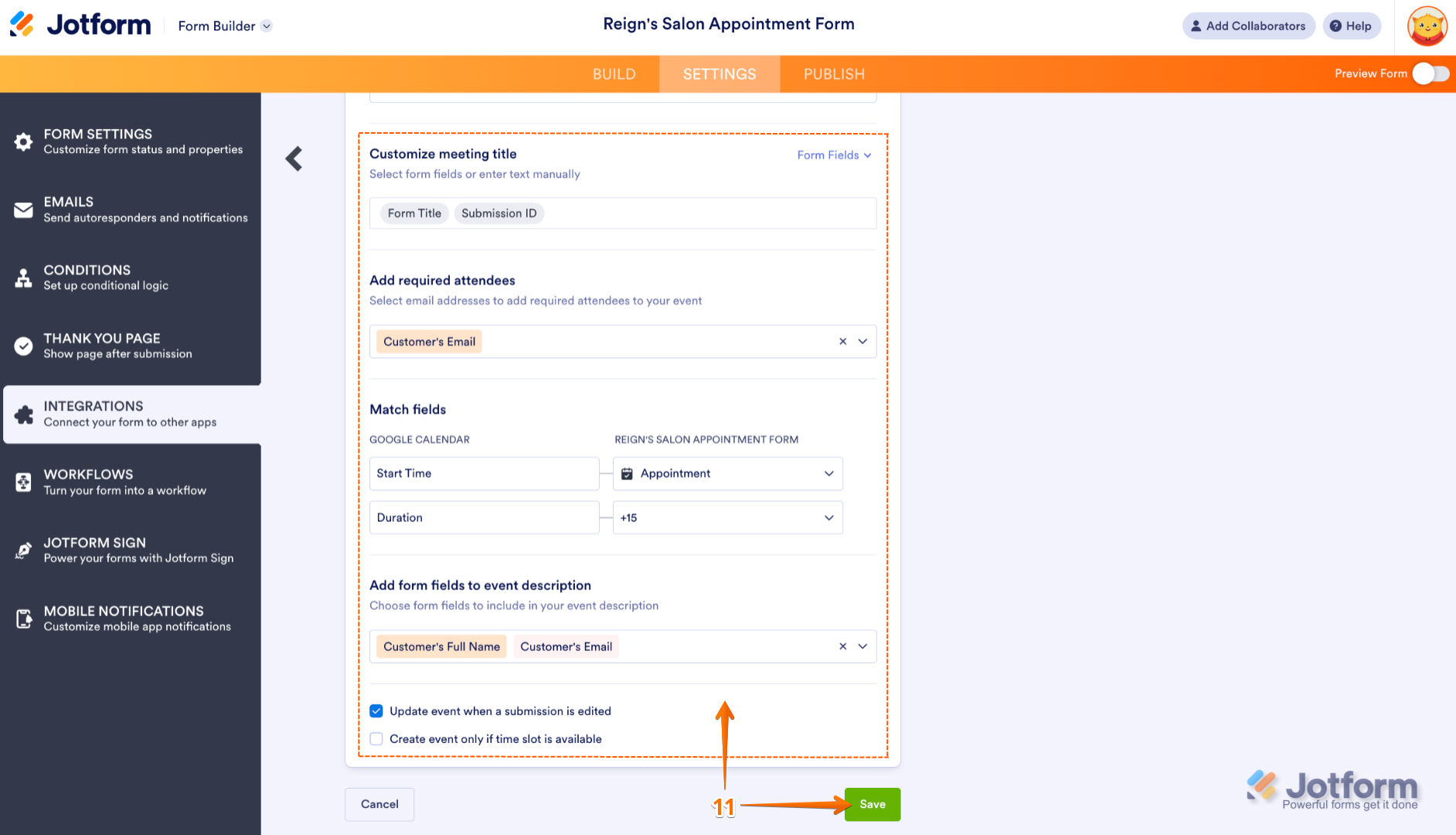 Jotform Google Calendar integration setup screen with editable sections for customizing meeting title, adding required attendees, matching form fields, and adding details to the event description, with the 'Update Event When a Submission is Edited' option checked and the 'Save' button highlighted to complete the integration