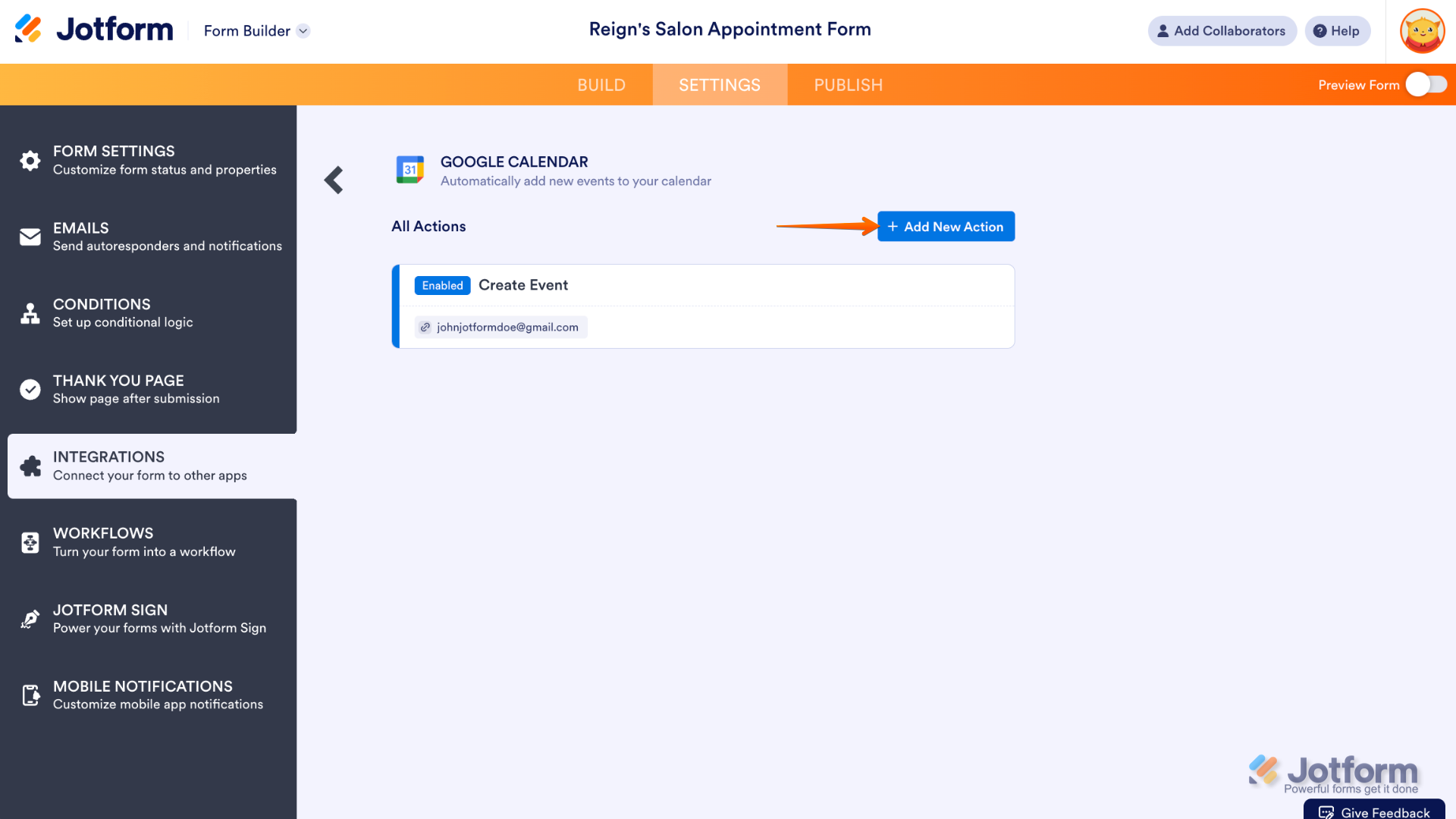 Jotform Google Calendar Integration window showing the 'Add New Action' button highlighted, allowing users to connect multiple calendars and create separate workflows within the same integration setup