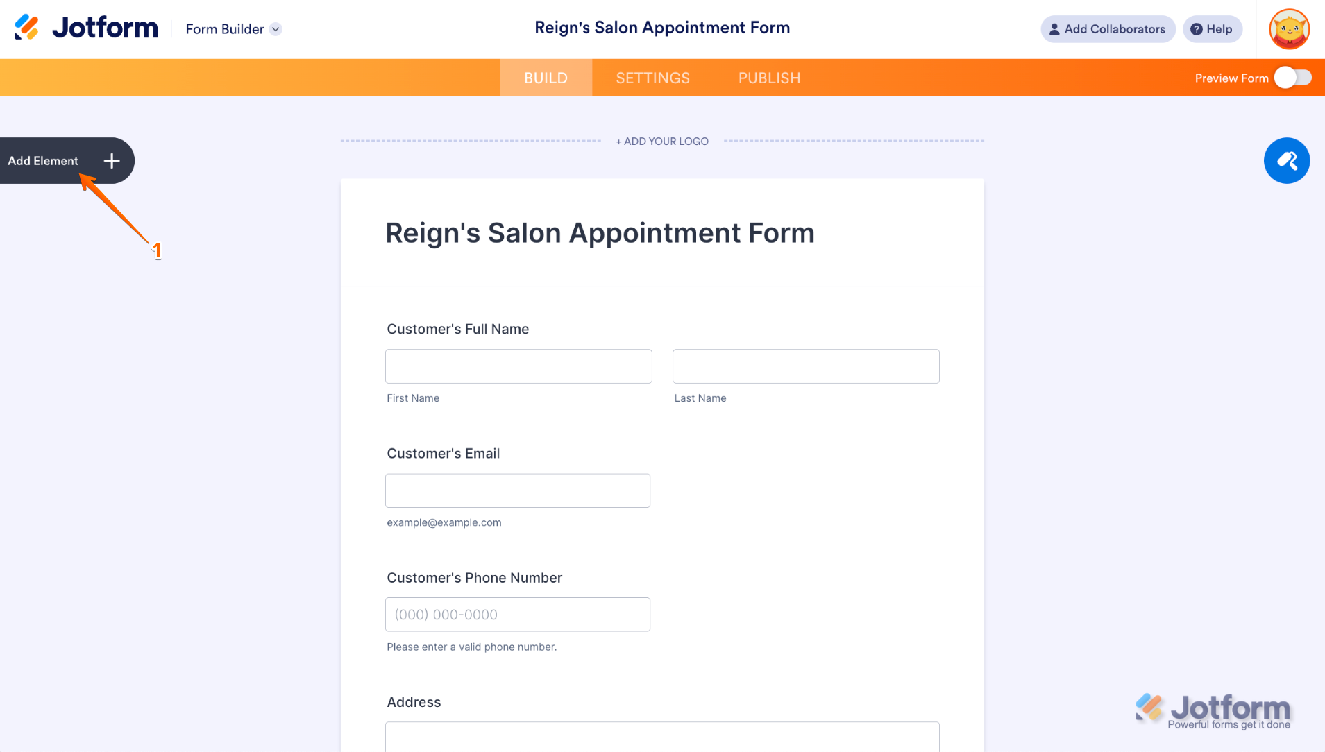 Clicking Add Element in Jotform
