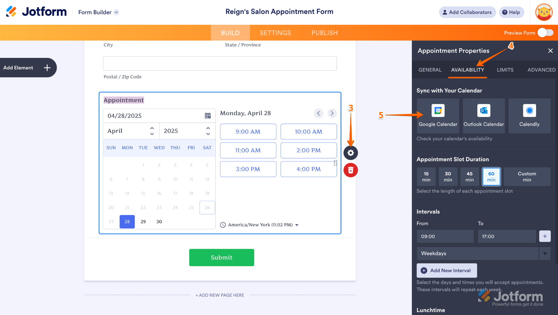 Clicking the Gear icon and selecting Google Calendar under Availability tab in Jotform