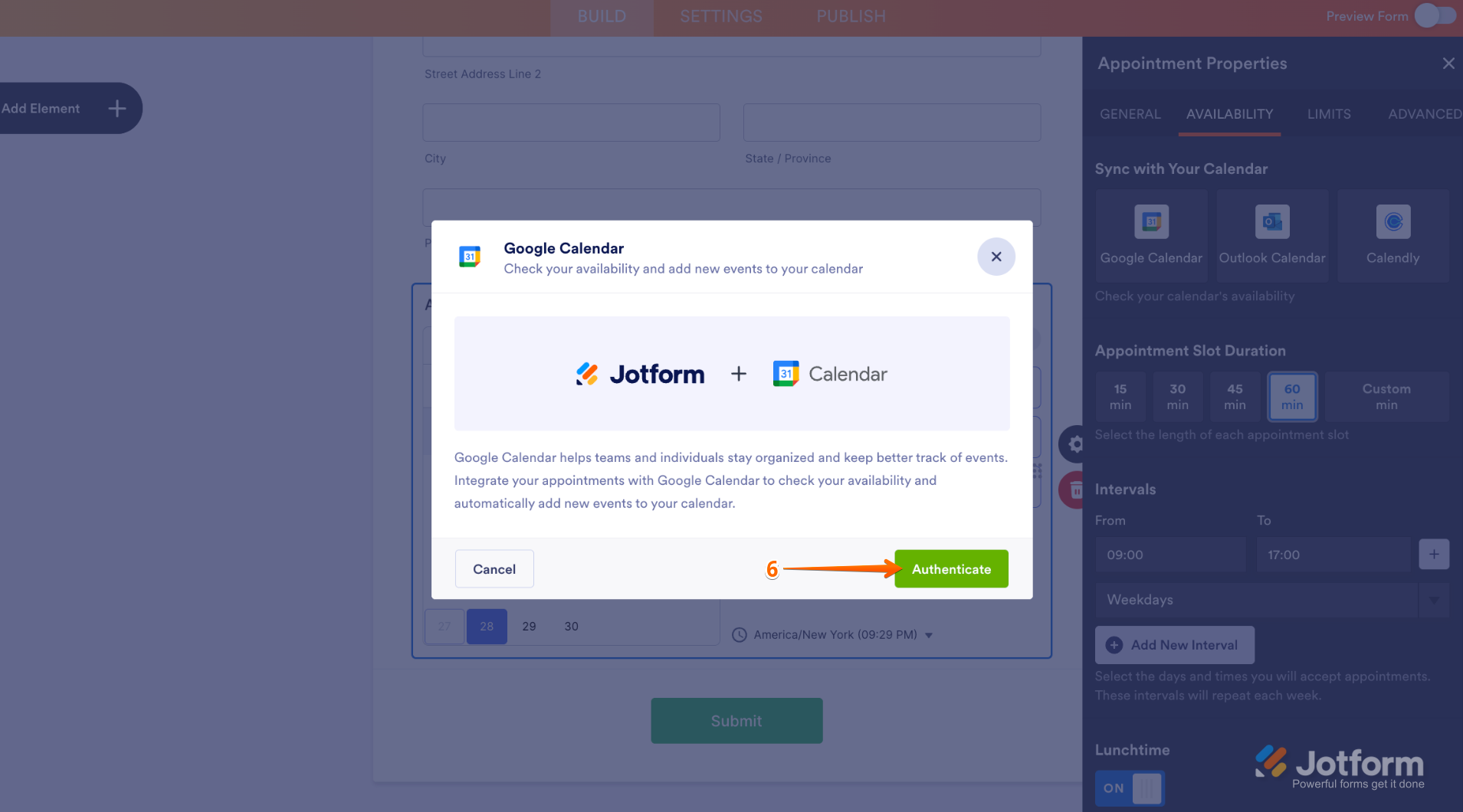 Clicking Authenticate in the Google Calendar window in Jotform