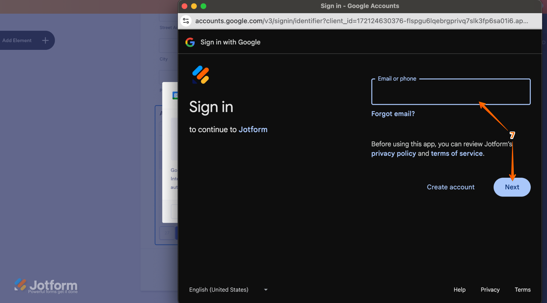 Entering Google account email and clicking Next in Jotform