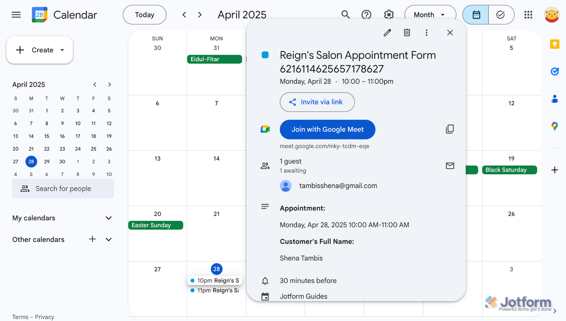 Form successfully connected to Google Calendar, events created upon submission in Jotform
