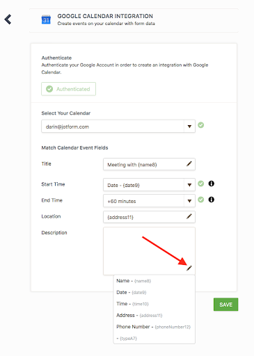 google calendar integration panel