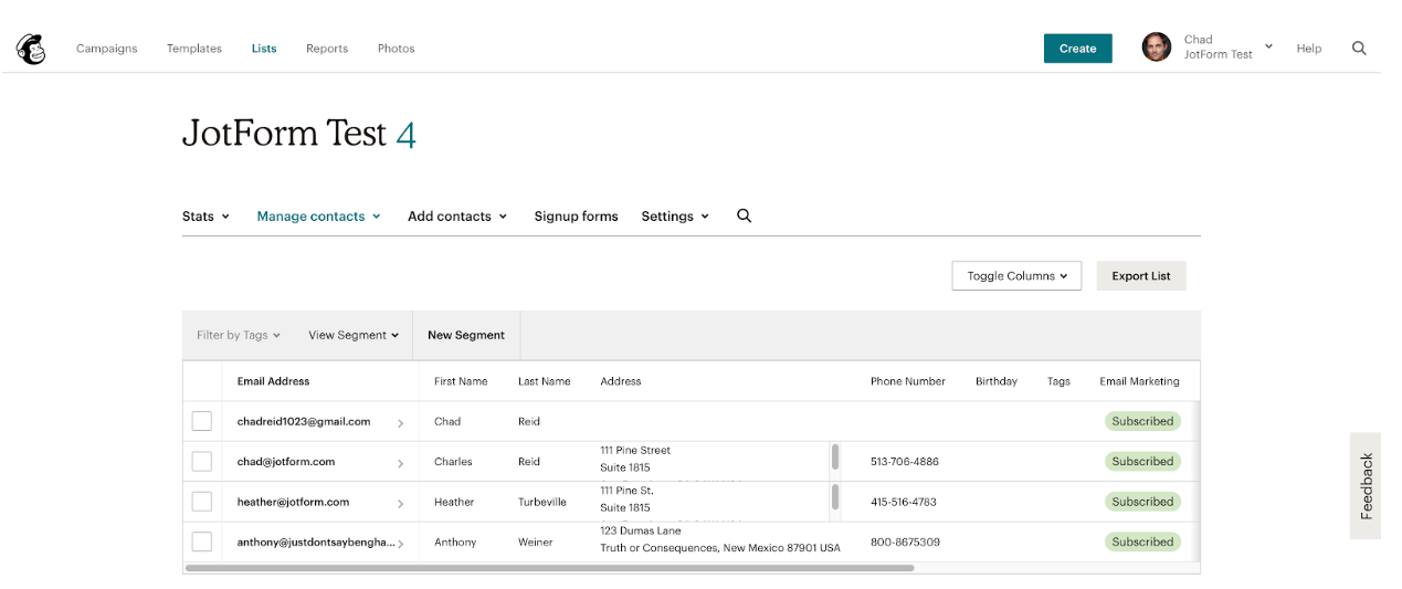 Mailchimp account overview