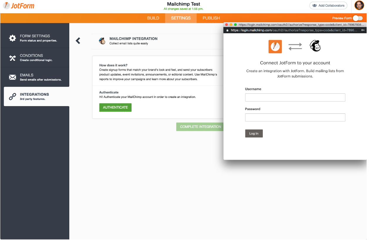 Mailchimp integration, sign in to account