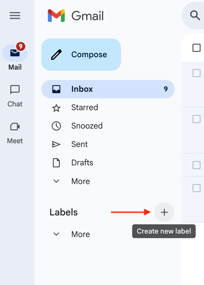 Gmail Create new label button