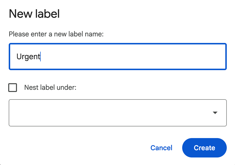 Gmail New label Label Name box
