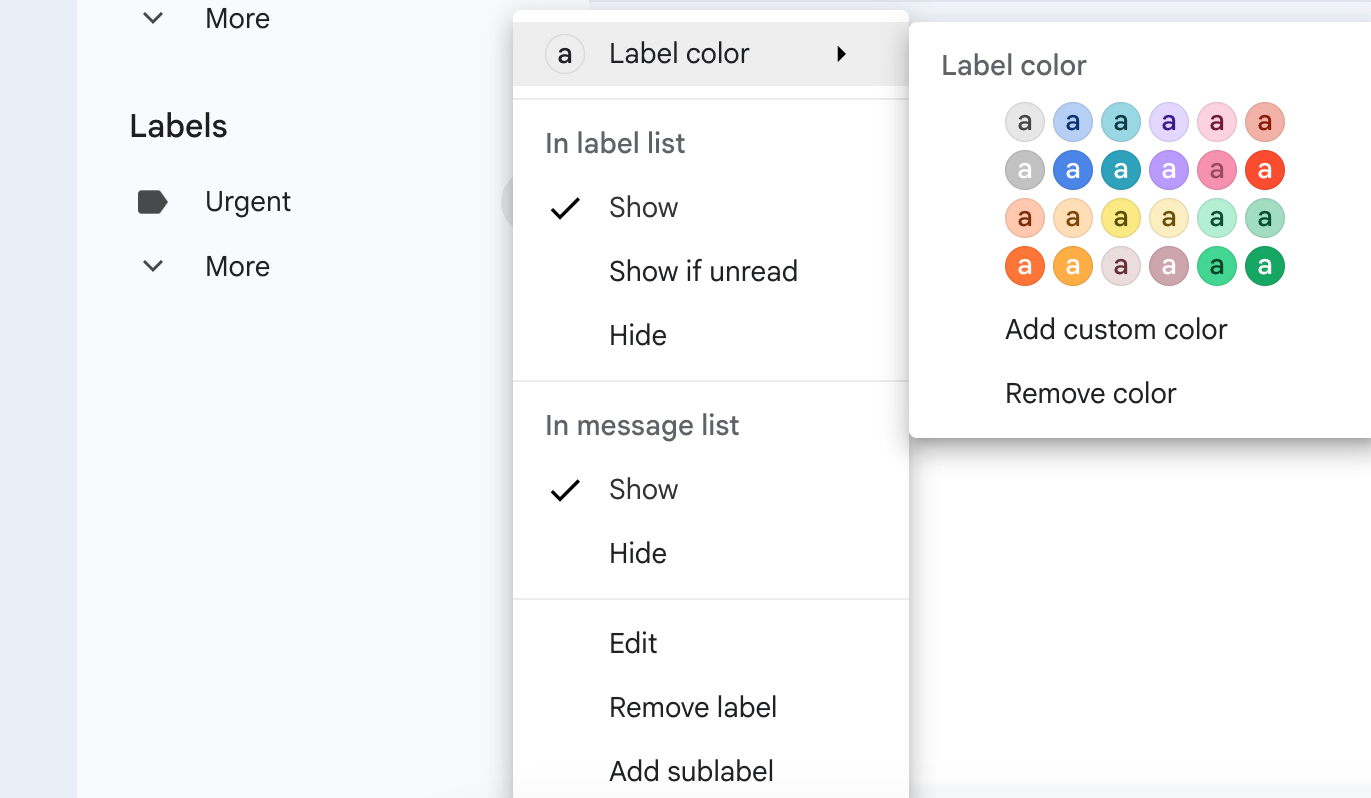 Gmail Label Customization Menu