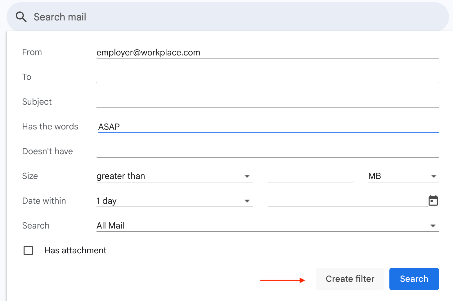 Gmail Search Box Settings Create filter Button