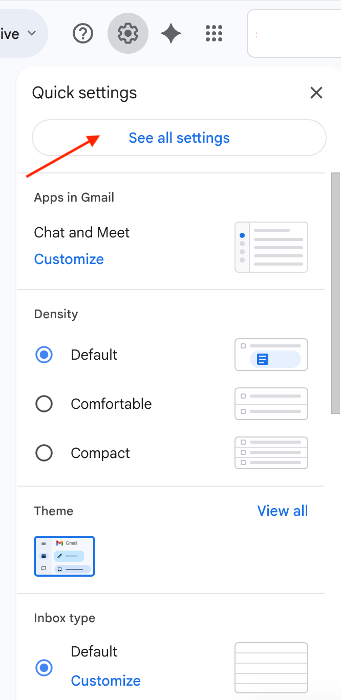 Gmail Quick settings tab See all settings Button