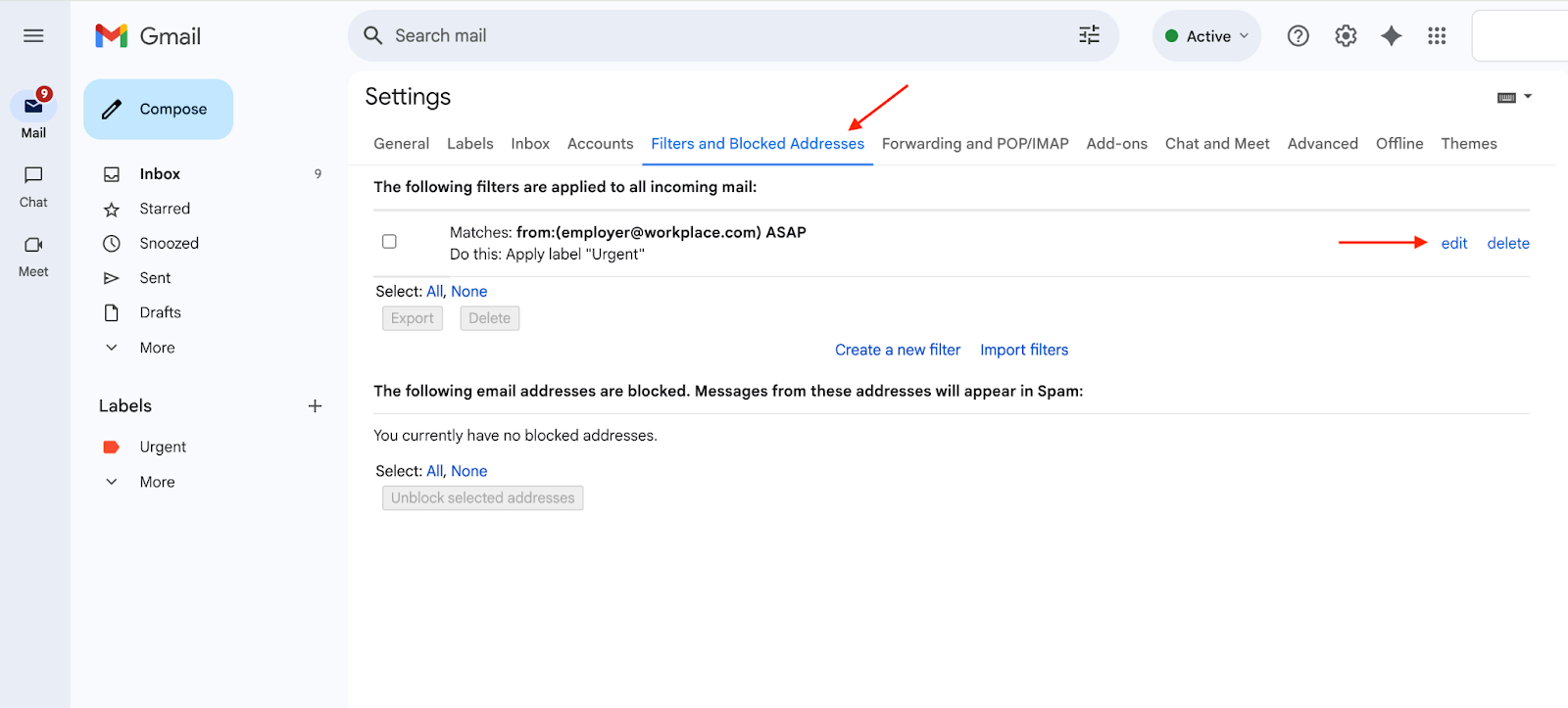 Gmail Settings Filters and Blocked Addresses tab