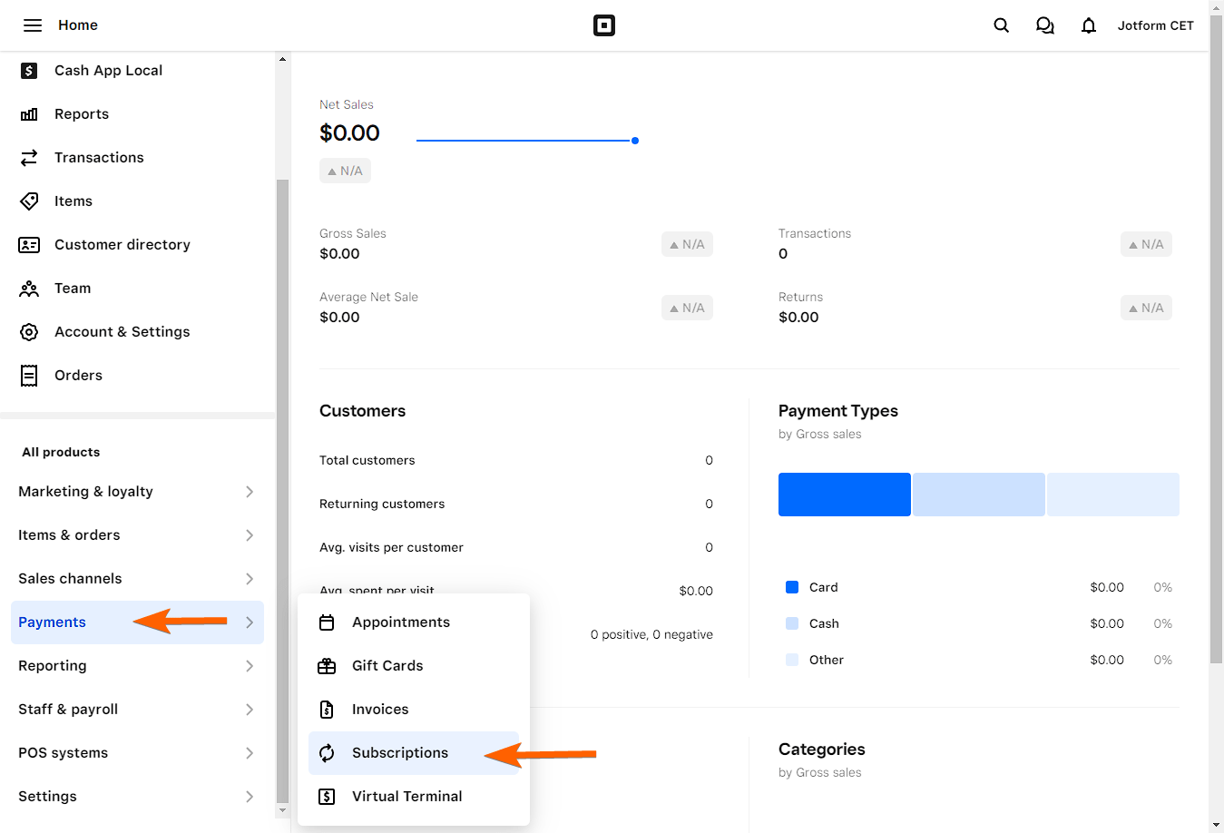 Payments menu in Square dashboard