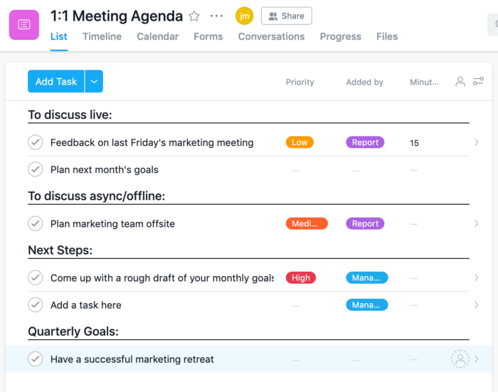 asana meeting agenda