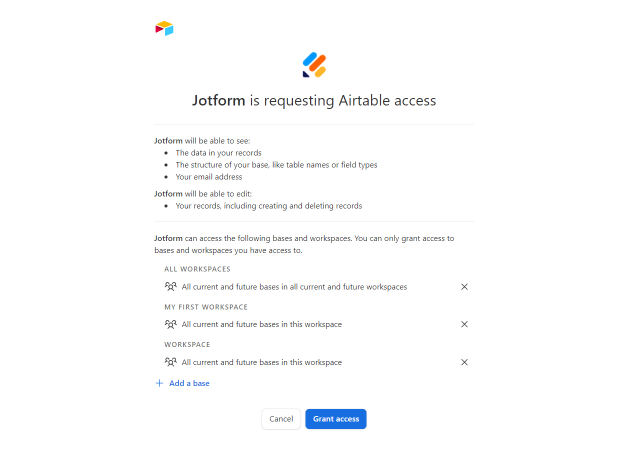 Pasos para conceder acceso a una base de Airtable