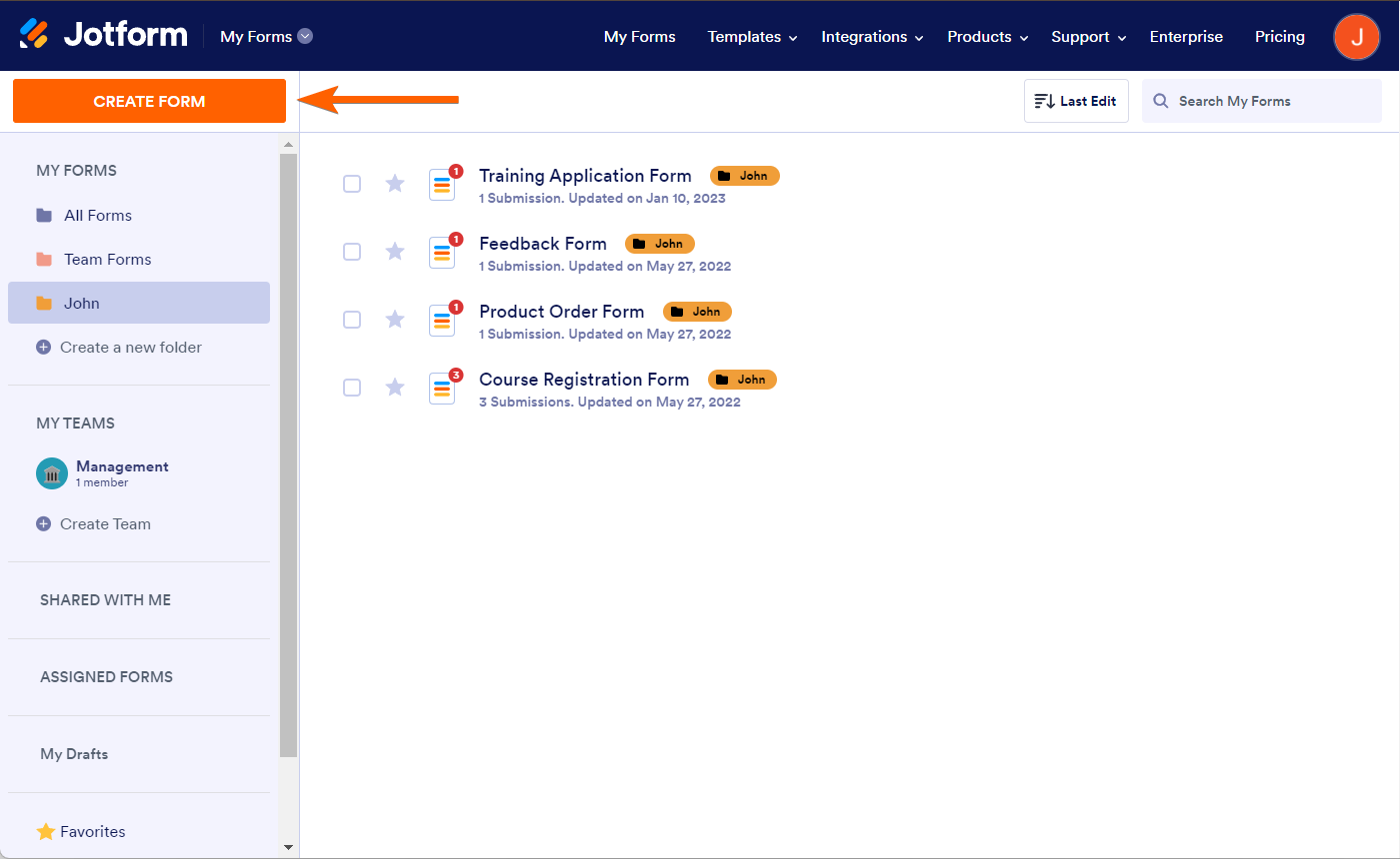Botón Crear Formulario de Jotform