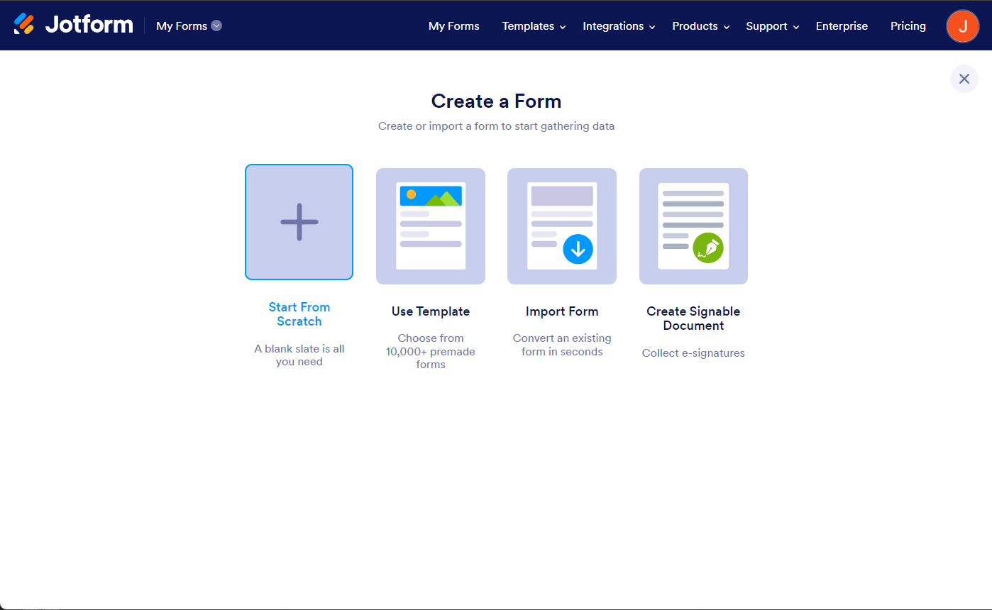 Opciones de tipo de formulario al crear un nuevo formulario en Jotform