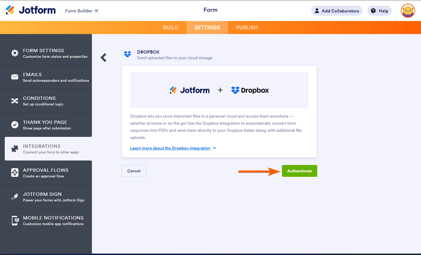 Botón de autenticación en la configuración de integración de Jotform con Dropbox