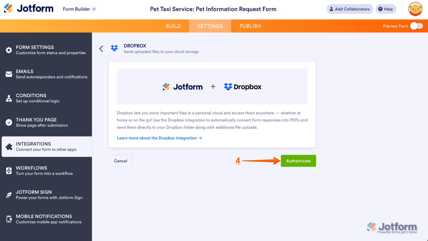 Dropbox integration screen showing the Authenticate button to connect and authorize a Dropbox account