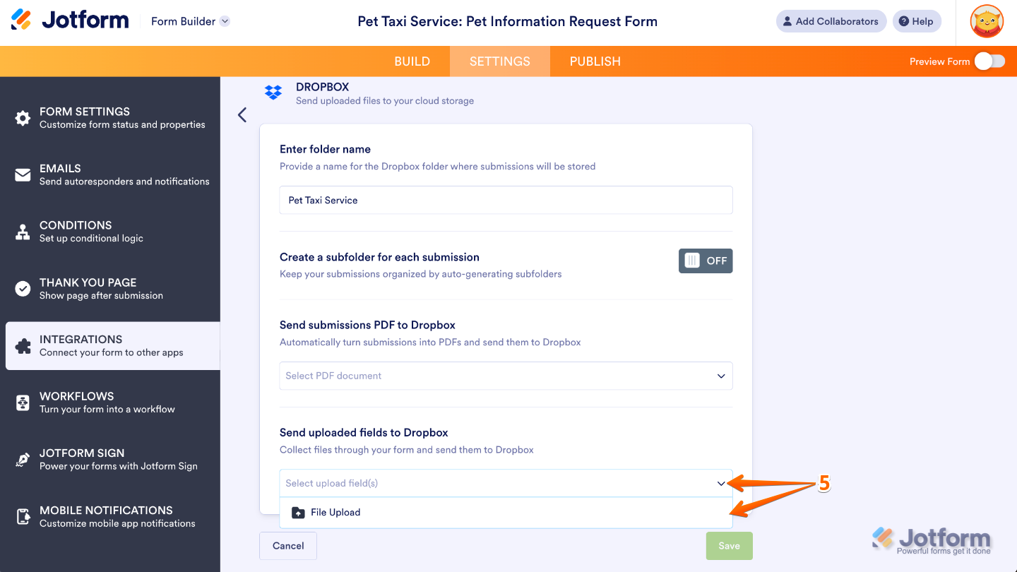 Dropbox integration settings showing the Send Uploaded Fields to Dropbox dropdown with a File Upload field selected