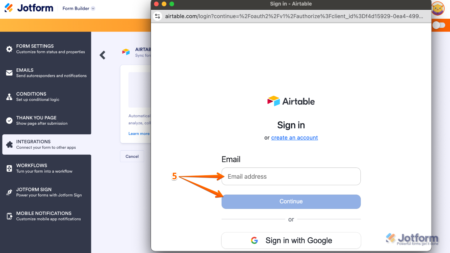 Airtable authentication window prompting the user to enter their Airtable email address and click Continue