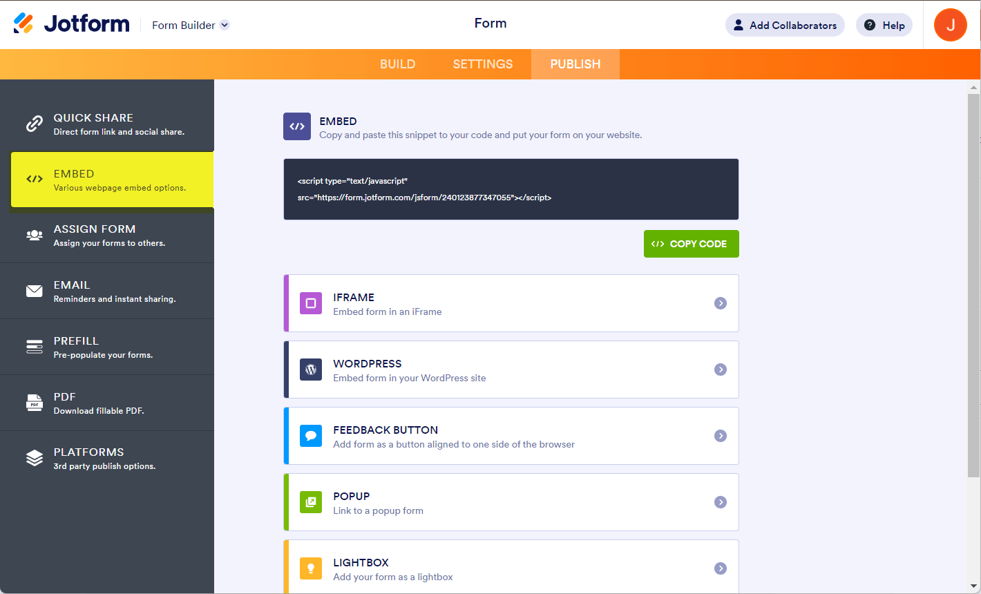 Pestaña Publicar del Creador de Formularios de Jotform mostrando varias opciones de incrustación, como Incrustación Javascript