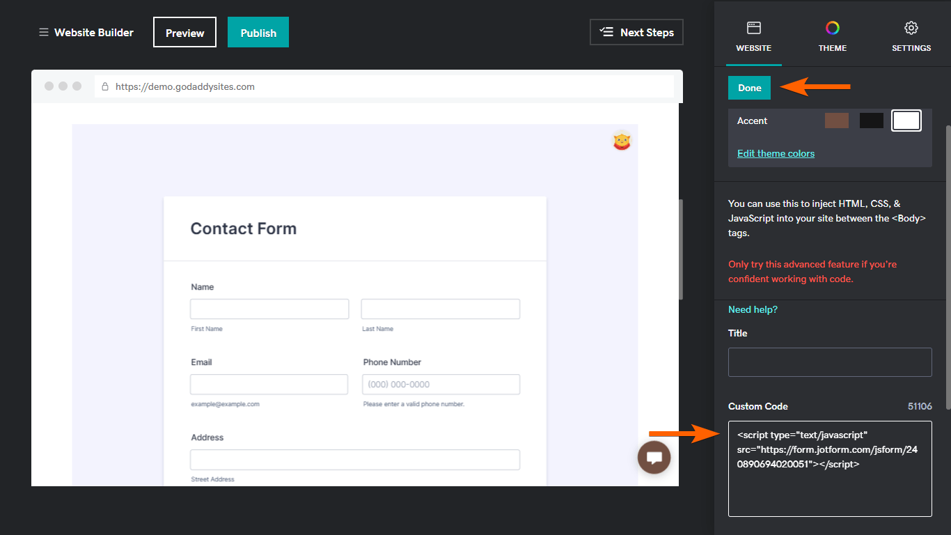 Steps to embed a form in GoDaddy