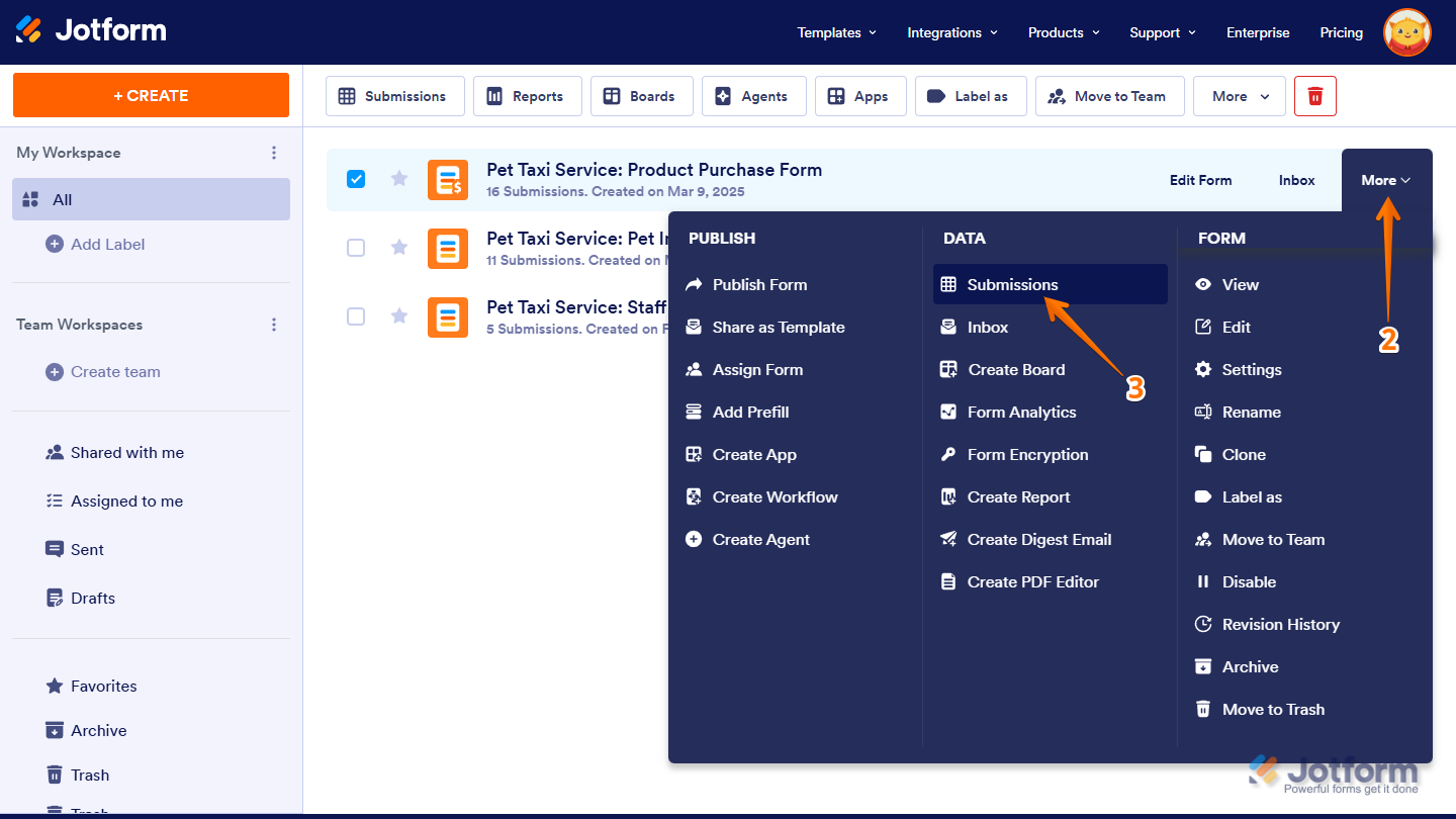 Submissions option under the Data column of the More dropdown menu on the Jotform My Workspace page