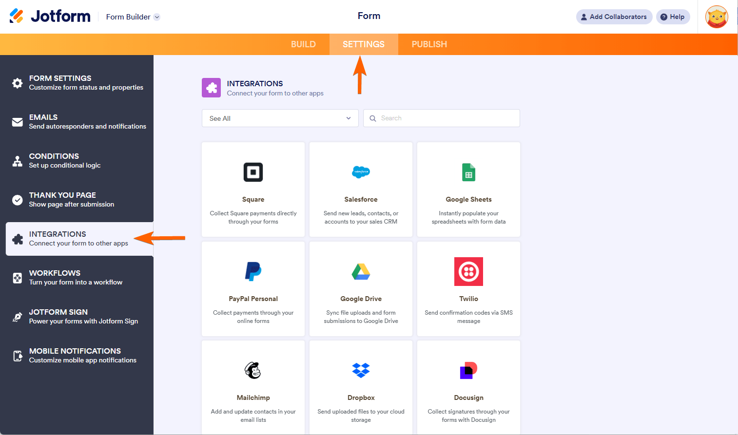 Sección de integraciones del Constructor de Formularios de Jotform