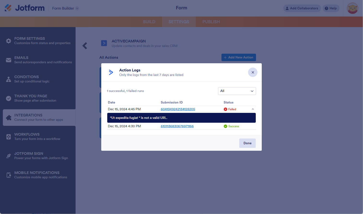 Modal de Registros de Acción en la integración de ActiveCampaign