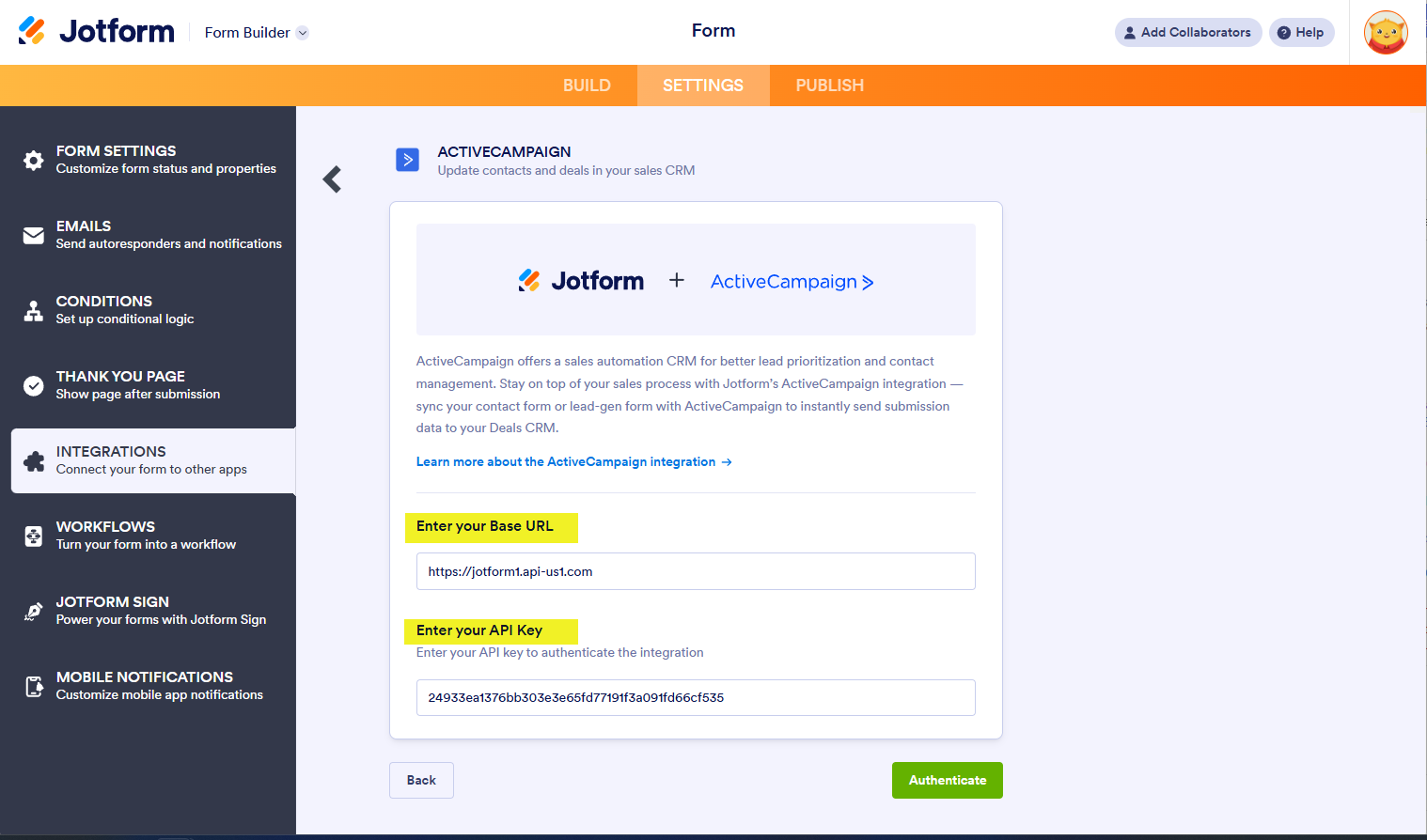 Credenciales de API en la configuración de integración de ActiveCampaign