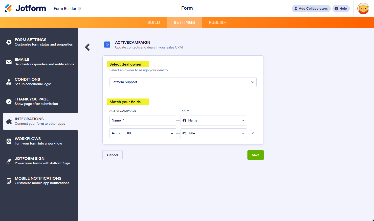 Configuración de tratos y campos al crear una cuenta en la integración de ActiveCampaign