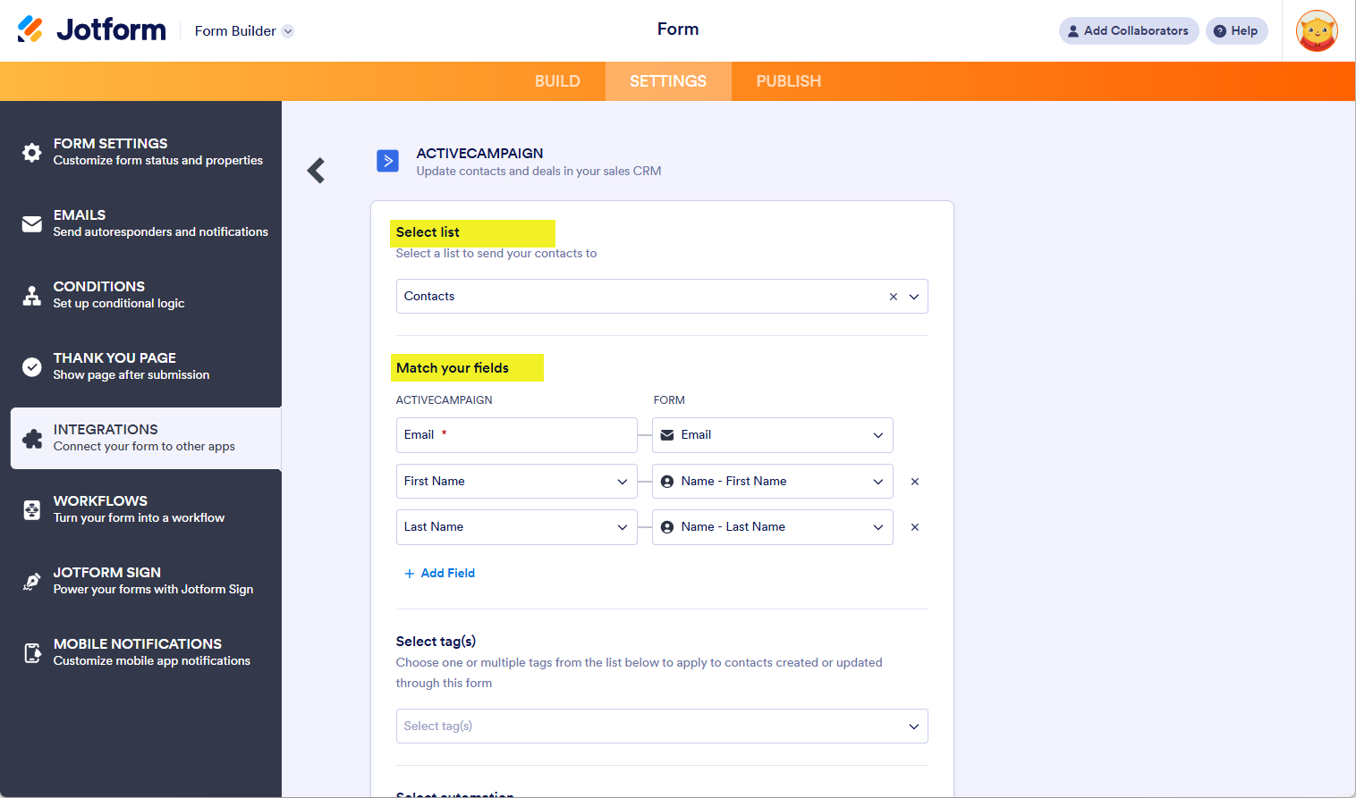 Configuración de lista y campos al crear contacto en la integración con ActiveCampaign