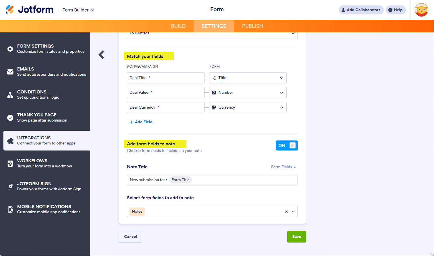 Opciones adicionales al crear un trato en la integración con ActiveCampaign