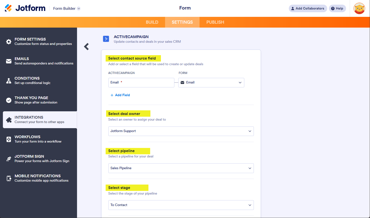 Varias opciones al crear un trato en la integración con ActiveCampaign
