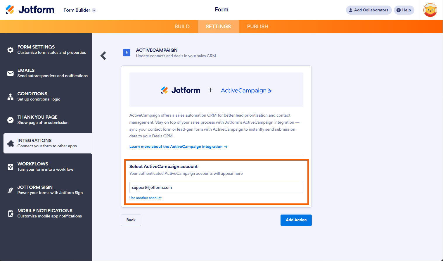 Seleccionar y agregar otra cuenta en la integración con ActiveCampaign