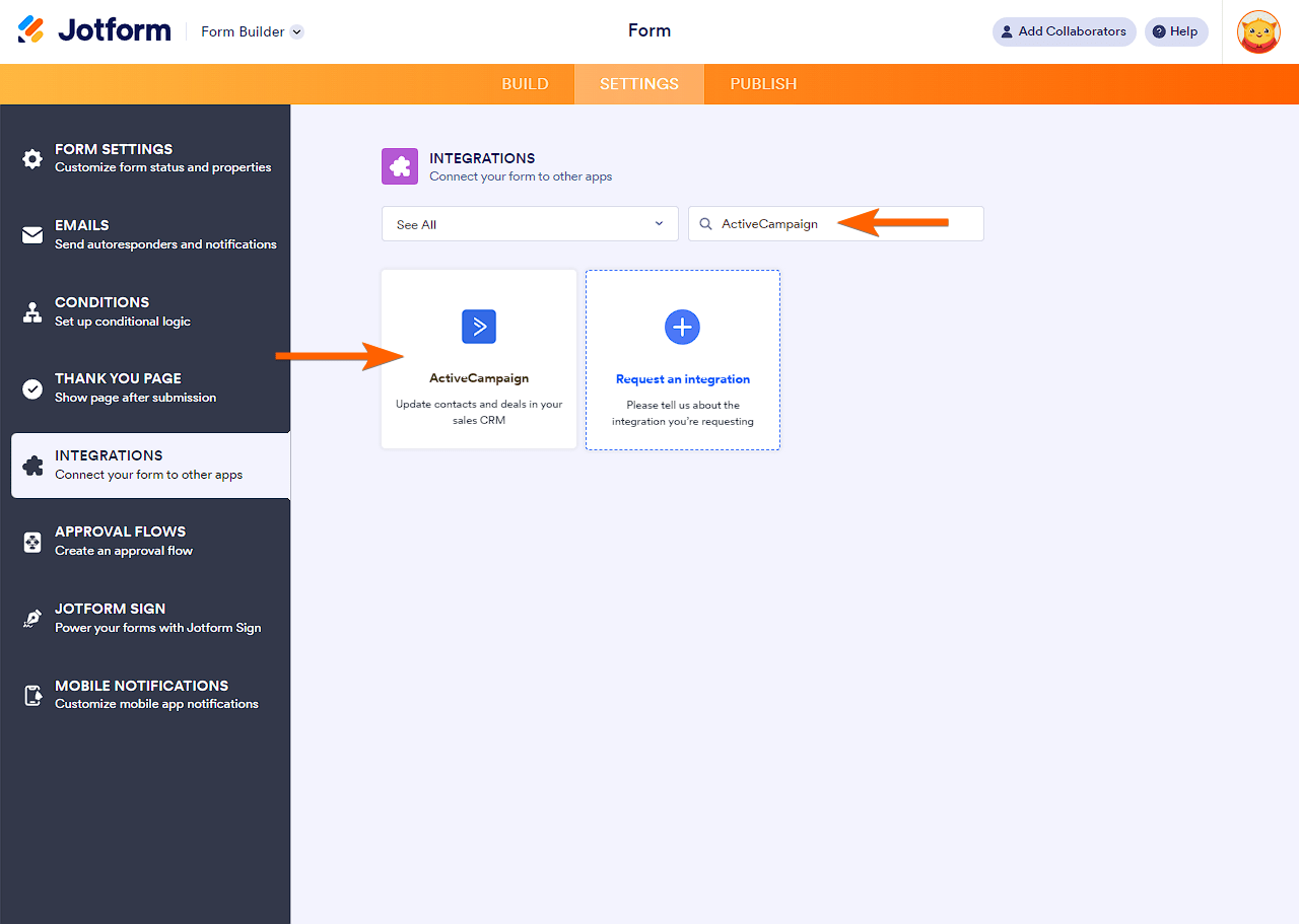 Opción de integración de ActiveCampaign en el Constructor de Formularios de Jotform