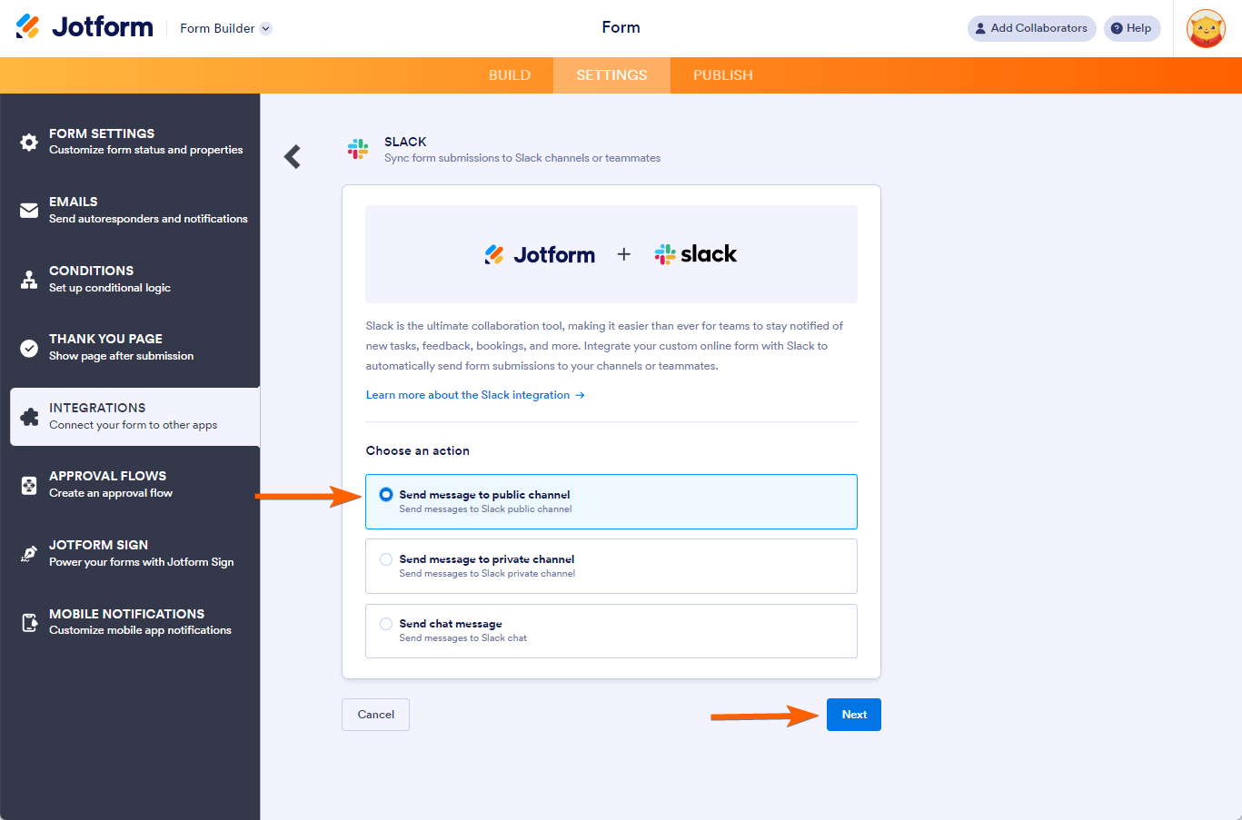 Elige opciones de acción en la integración de Slack con Jotform