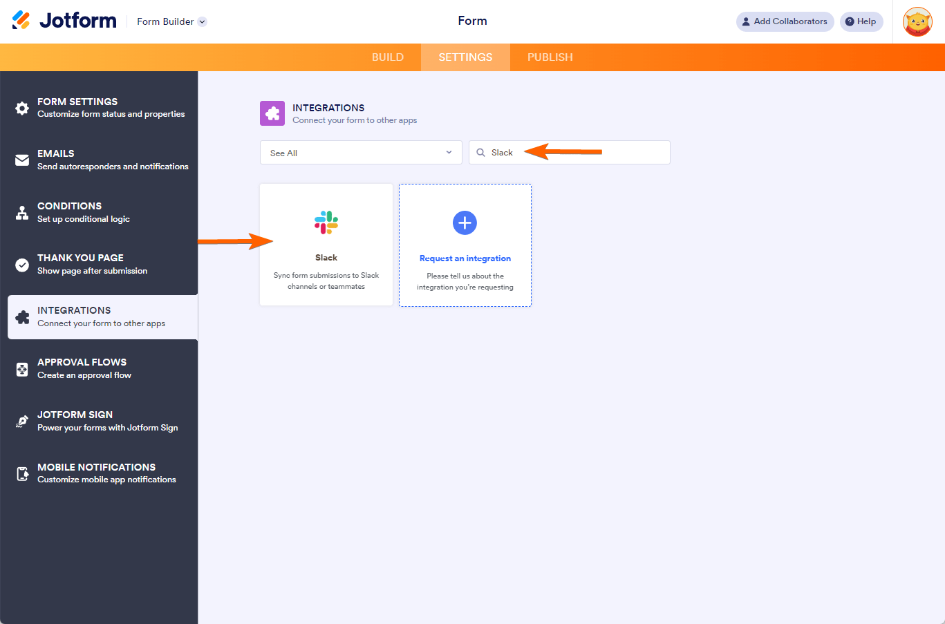 Slack en la sección de integraciones del Generador de Formularios de Jotform