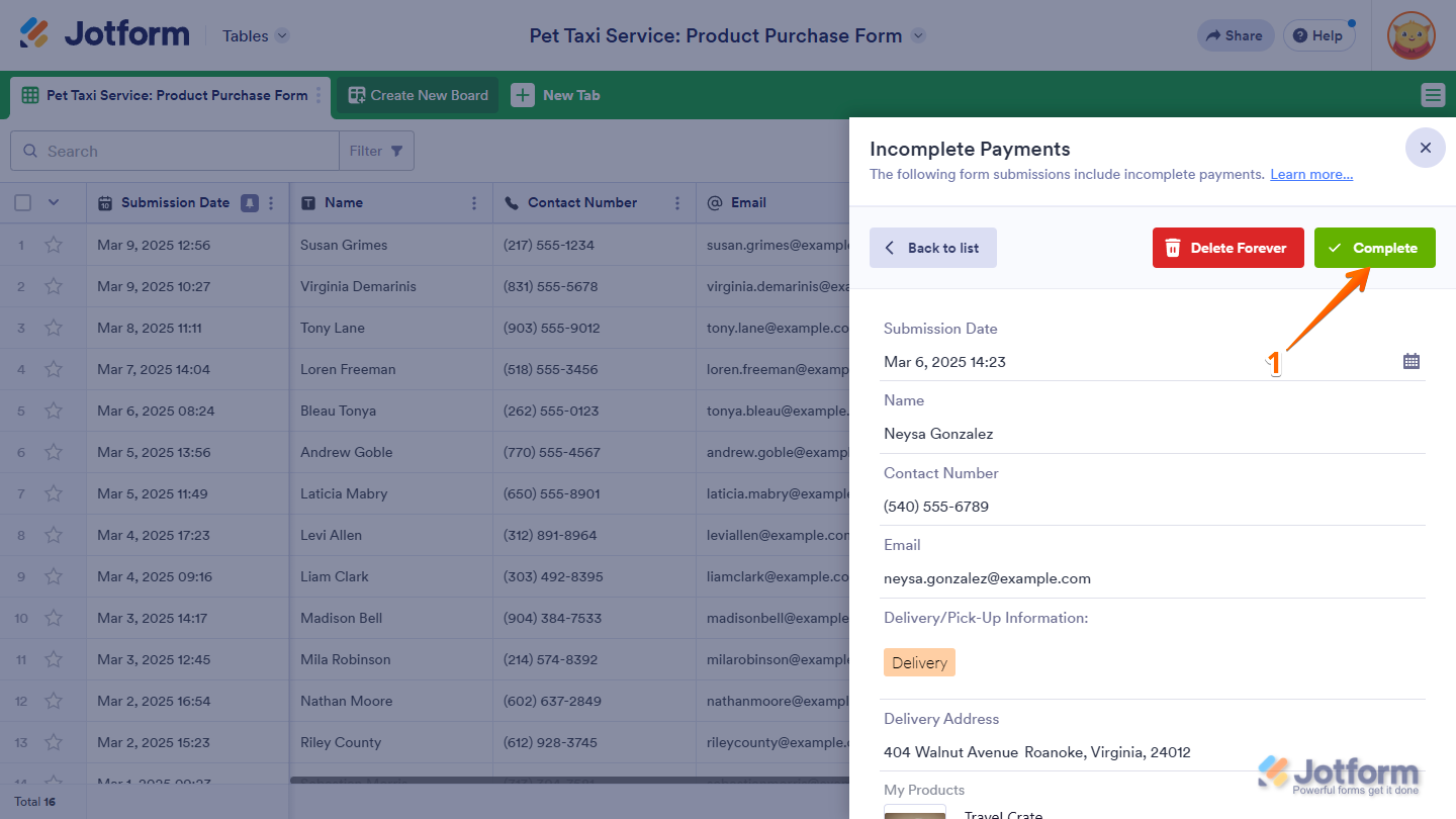 Complete button in the Incomplete Payments section of the Jotform Tables