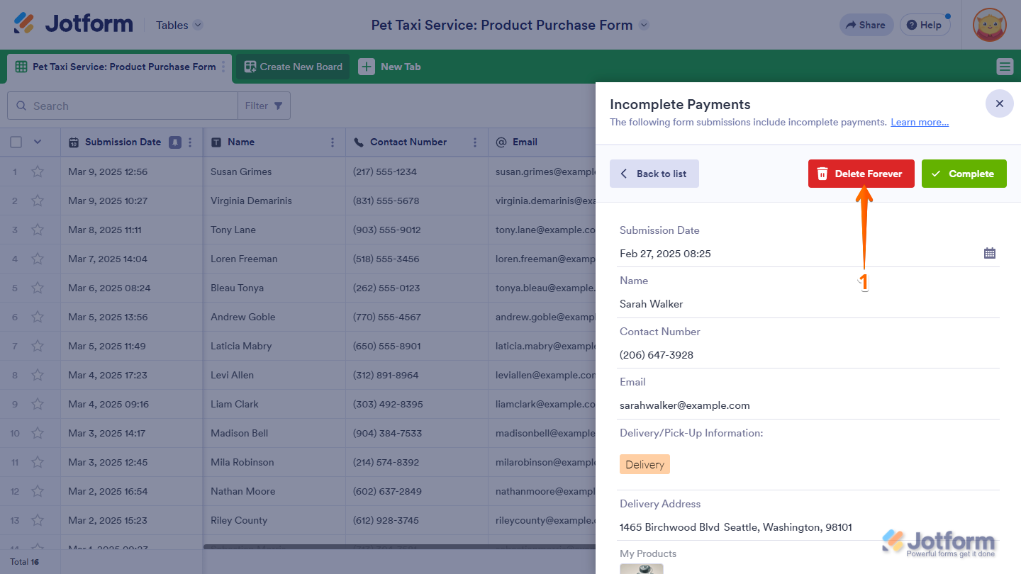 Delete Forever button in the Incomplete Payments section of the Jotform Tables