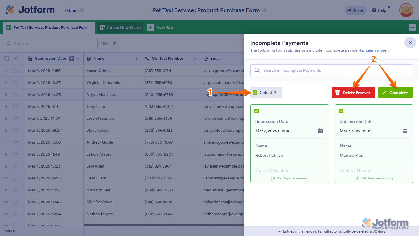 Select All option in the Incomplete Payments section of the Jotform Tables