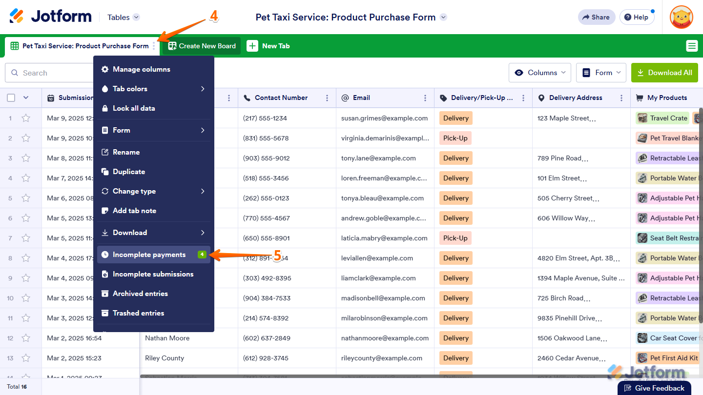 Incomplete Payments option in the Main Tab menu of the Jotform Tables