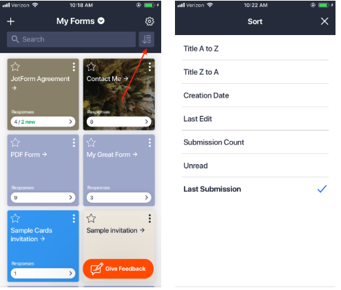 Jotform Mobile Forms Sort